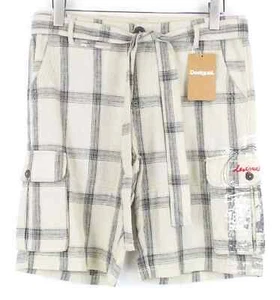 DESIGUAL Men`s's Shorts Marc 30 Check Linen Belted Summer Cargo Tie Front - Picture 1 of 8