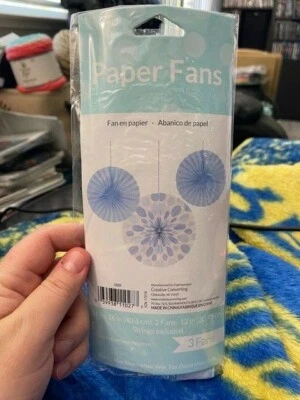 Pastel Blue Polka Dot & Solid Paper Fans Boy Baby Shower Blue Decorations New!!! - Image 1 of 2