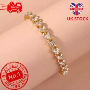 925 Sterling Gold Crystal Stone Heart Linked Charm Bracelet Women Jewellery UK - Picture 1 of 6