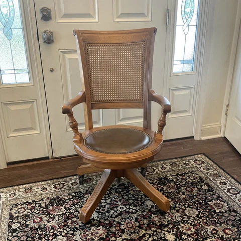 Eastlake Victorian Oak Wood Cane Back Leather Swivel Reclining Chair EUC Cover