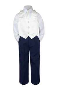 4pc Boy Baby Toddler Kid Suit Set Color Necktie Vest Formal NAVY Pants S-8 - Picture 1 of 26