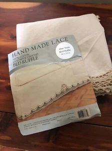 Twin Bed Skirt Dust Ruffle 100% Cotton Handmade Crochet Lace Trim Beige NOS - Picture 1 of 5