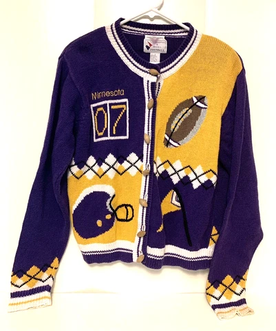 Vintage Minnesota Vikings Adult Women's Small S Cardigan Sweater Purple Gold Cover