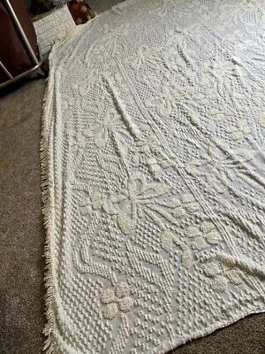 Vintage Off White Ivory Cotton Chenille Bedspread 103in X 76in Butterfly Floral - Image 1 of 4