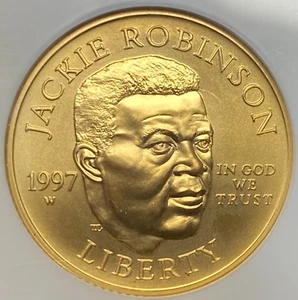 1995 W $5 GOLD MS 70 JACKIE ROBINSON COMMEMORATIVE US VAULT COLLECTION L/M NGC - Picture 1 of 6