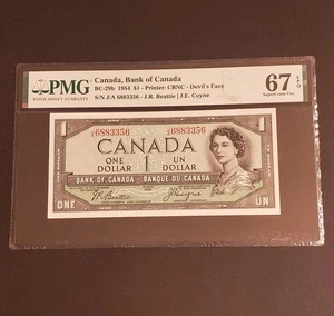 RARE GEM UNC-67 PMG Graded 1954 Bank of Canada $1 DEVIL FACE Banknote. EPQ. - Picture 1 of 2