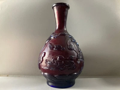 Jarrón exquisito de patos de loto y mandarina tallados de vidrio con superposición de Pekín chino 2980 Foto 1 de 4