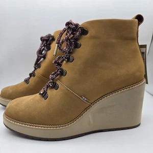 Toms Tan Leather Waterproof Lace Up Wedge Melrose Boots Size 9 US Preppy Western - Picture 1 of 12
