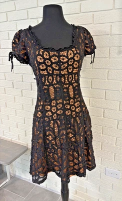 Vintage 90s Y2K Betsy Johnson Flare Dress Black Lace w/Nude Satin Size 6  - Image 1 of 4