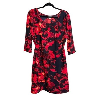 Merona Women's Red Floral Scoop Neck 3/4 Sleeve Leather Trim Shift Dress Large - Image 1 of 4