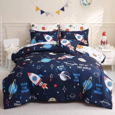 8 Piece Bed in a Bag Twin Comforter Set for Boys Girls,Rocket Space Planets B... - Image 1 of 4