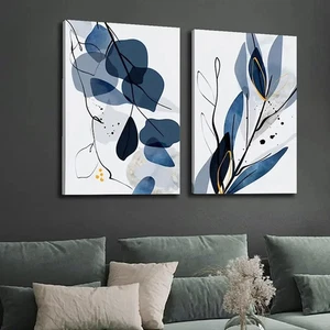2pcs Navy Blue Botanical with Abstract Leaves Wall Art Canvas Unframed - Bild 1 von 6