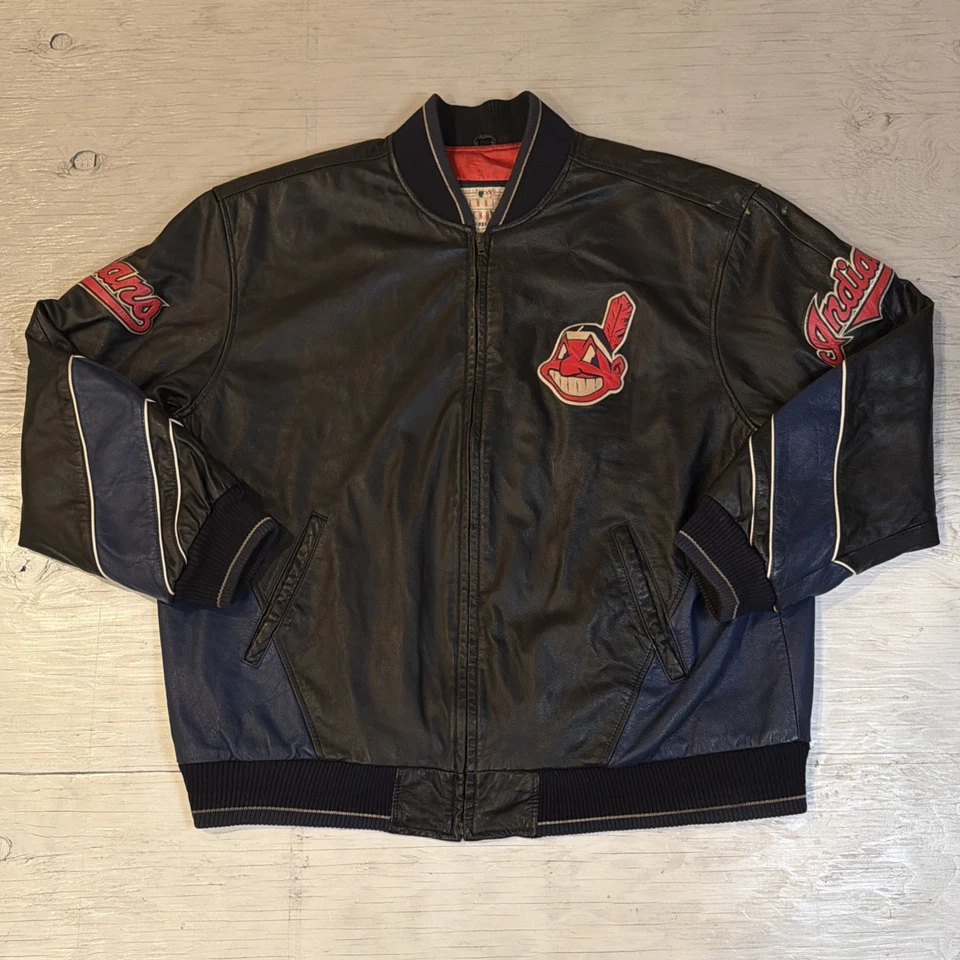 Chaqueta de béisbol de cuero XL Carl Banks Cleveland Indians MLB G-III de colección años 90 Foto 1 de 4