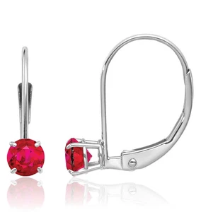 14K Solid White Gold 4mm Round Ruby Dangle Earrings - Picture 1 of 2
