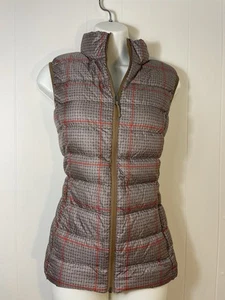 Eddie Bauer Womens Small Puffer Vest Goose Down Insulated Zip Pockets Plaid tan - Picture 1 of 5