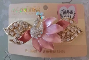 Large Ornate Hair Clip Rhinestones Pink Flower Bird Elegant Barrette Unique NWT - Picture 1 of 4