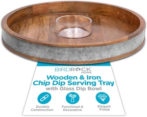 Wood/Iron Chip Dip Tray w/Glass Bowl, XL Round Platter, Salsa, Veggies, Cheese - Picture 1 of 12