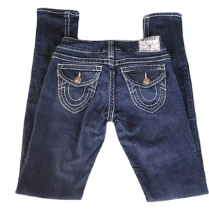 Pantalones de mezclilla ajustados para mujer True Religion de altura baja lavados oscuros azul liso talla 27 - Imagen 1 de 11