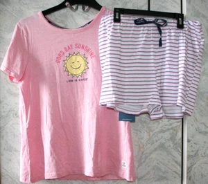 NWT LIFE IS GOOD SUNSHINE 2 Pc Pajama Set SZ Medium Top & Short Pink White/multi - Picture 1 of 2