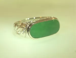 11MM SOLID 925 SILVER OBLONG GREEN JADE HAWAIIAN ENGRAVED HERITAGE SCROLLS RING - Picture 1 of 9