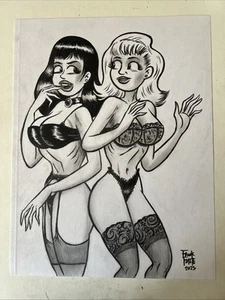 Mujer Fatale 2 Chicas Coqueta Rubia Gótica Arte Original Dibujo Por Frank Forte - Imagen 1 de 3