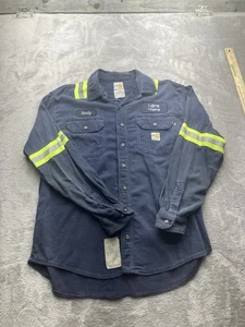 Carhartt FR Shirt Mens L Large Button-Down Blue Reflective Trim Safety Work Wear - Picture 1 of 11