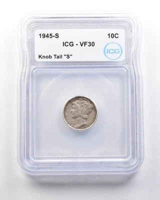 1945-S Mercury Dime Mint Error Knob Tail "S" VF30 ICG *1724 - Image 1 of 3