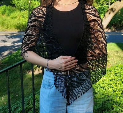 Romantic Goth Black Beaded Triangle Shawl/Scarf 56x30 Dark Elegance by J&X NY - Image 1 of 4