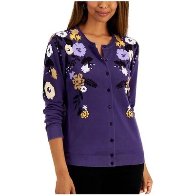 Cárdigan suéter Karen Scott para mujer XL Cassis combo floral con botones nuevo con etiquetas X26 Foto 1 de 4