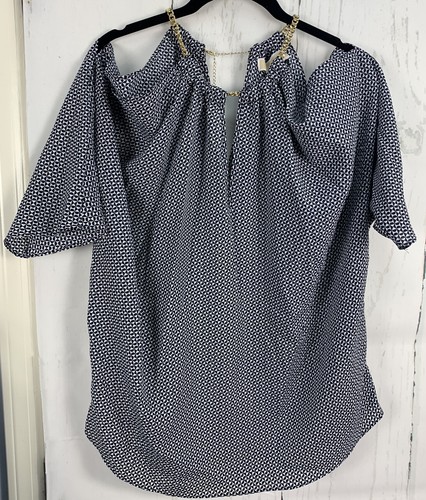 Top Dolman Michael Kors L blu wht catena oro collo aperto spalla fredda manica a 3 4