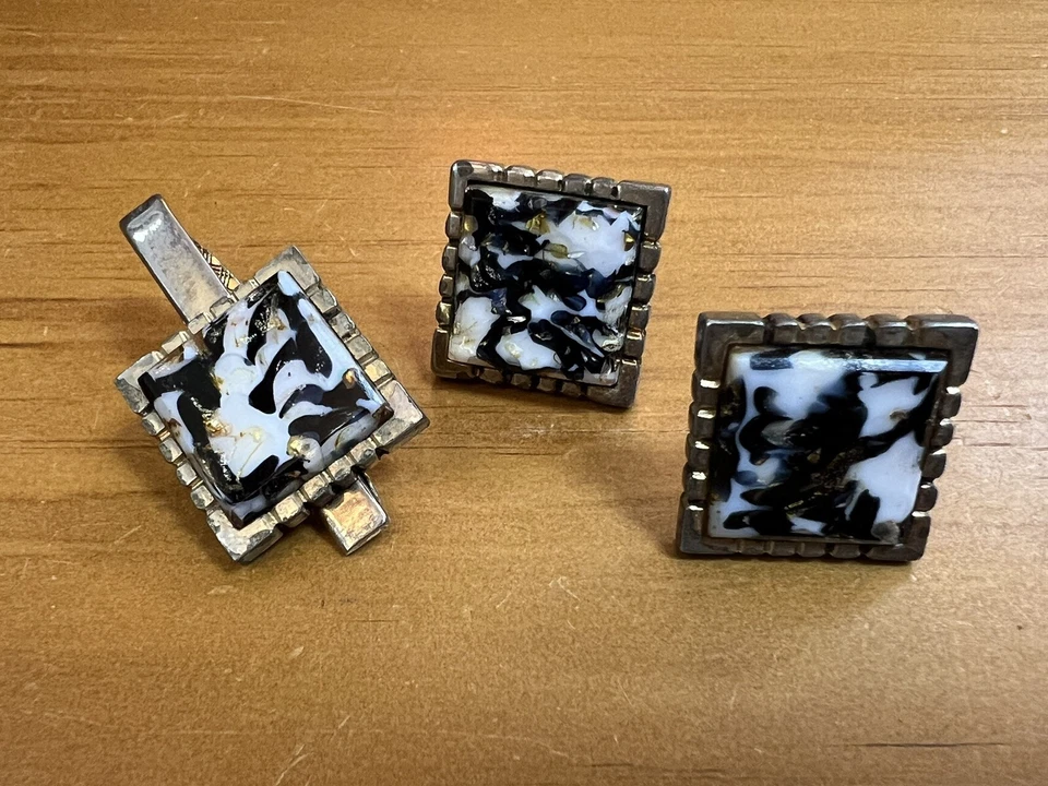 Lote de Gemelos y Clip de Corbata Negro Blanco Oro Remolino Mármol Piedra Pat. 2472958 Foto 1 de 4