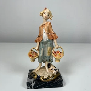 Vintage 50er Jahre Italien Simonelli Mädchen mit Blumenkörben & Hund - Marmorsockel - Bild 1 von 12