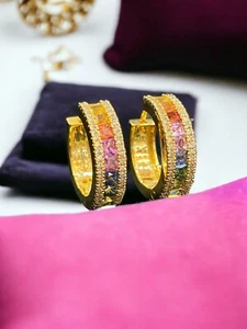 Splendid 2.70 Cts Round Diamonds Sapphires Unisex Rainbow Hoop Earrings 18K Gold - Picture 1 of 15