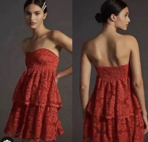Maeve by Anthropologie Red Lace Ruffle Strapless Mini Dress Size Large - Picture 1 of 7