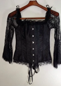 BLACK LACE L/S CORSET TOP WOMEN'S Sz M Y2K FAIRY GOTH DARK ROMANTIC REGENCY - Picture 1 of 12
