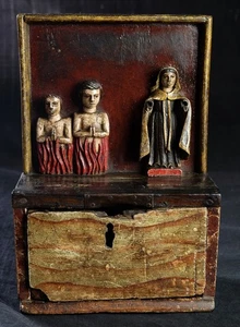 BAROCK OPFERSTOCK ABLASS KOLLEKTE FEGEFEUER BUßE MARIA HOLZ FARBIG ALPEN 1700 - Picture 1 of 20