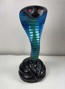 COBRA Snake Statue Vintage Plaster Coiled Iridescent Blue Green Reptile Red Eyes - Picture 1 of 13