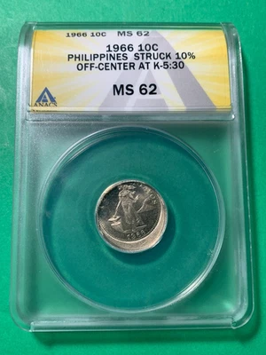 PHILIPPINES 1966  ENGLISH SERIES 10 CENTAVOS 10% OFF CENTER ERROR, ANACS MS 62 - Image 1 of 4