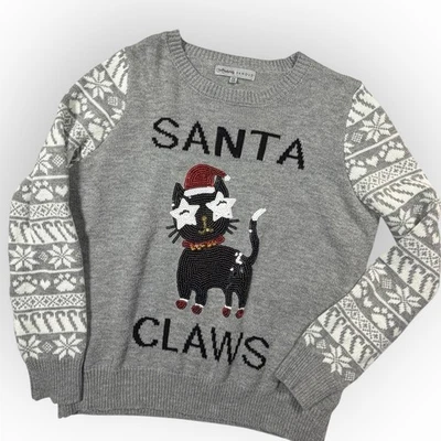 Papá Noel Gato Feo Navidad Suéter Sudadera con Capucha Gris Lentejuelas Vacaciones Tejido Plus 1X Foto 1 de 4