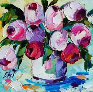 Original Ölgemälde Tulpen bunte Blumen Kunstwerk Floral Wandbild 6*6 Zoll - Bild 1 von 12
