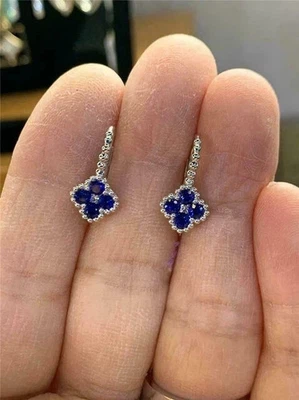 Drop Dangle Earrings 14K White Gold Plated 2Ct Round Lab Created Sapphire Flower - Image 1 of 4