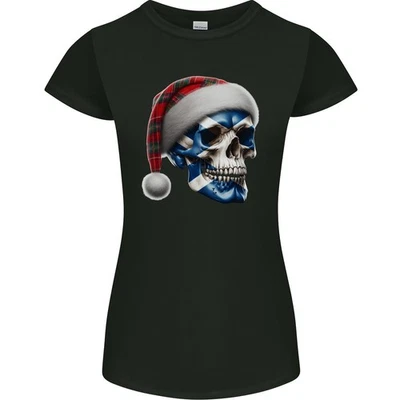 T-Shirt Femme Petite Coupe Écossais Drapeau De Noël Crâne Xmas - Photo 1/3