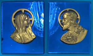 *** VINTAGE NONNENKLOSTER HERZ JESU & JUNGFRAU MARIA AUF GLAS PLAKETTE PAAR - Bild 1 von 8
