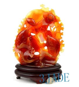 Carnelian/Red Agate Lotus Koi Fish Statue / Sculpture / Carving - Picture 1 of 10