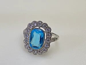 Vintage Sterling Silver 925 Ring Blue Big Cubic Zirconia Stone Size U 5.74g - Picture 1 of 11