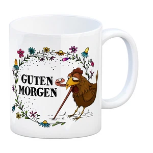Guten Morgen Kaffeebecher mit Huhn und Wurm Motiv Regenwurm Hahn Hühner Henne - Bild 1 von 6
