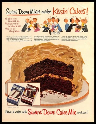 1952 Swans Down Cake Mix Vintage PRINT AD Kissin' Cakes Devils Food - Image 1 of 4