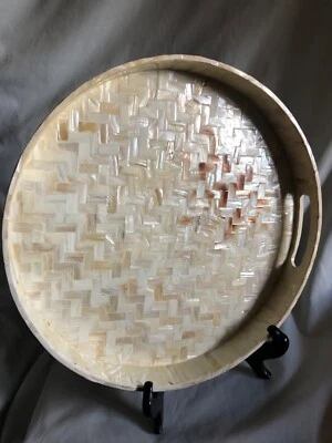 Tozai Home Abalone Inlay Mother of Pearl Tiled Large 13.5” Serving Tray - Image 1 of 4