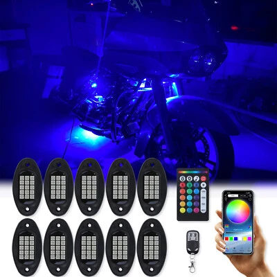 10 Pods Motorcycle RGB LED Rock Lights Neon Underglow Kit For Harley Davidson Foto 1 de 4