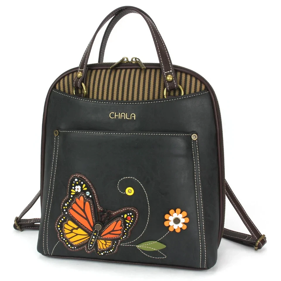 CHALA BLACK MONARCH BUTTERFLY CONVERTIBLE BACKPACK PURSE FAUX LEATHER CANVAS